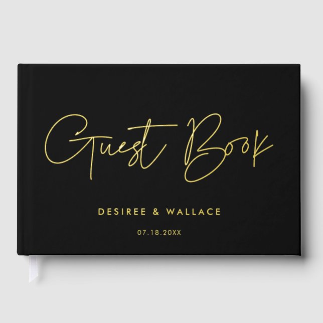 Modern minimalist Black and Gold wedding Guest Book (Front)