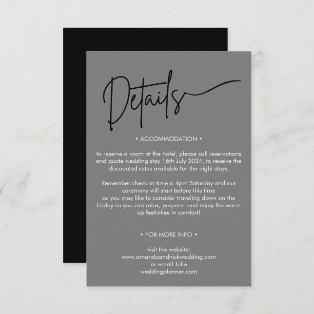 Modern Minimalist Black and Grey Wedding Details Enclosure Card (Front/Back)