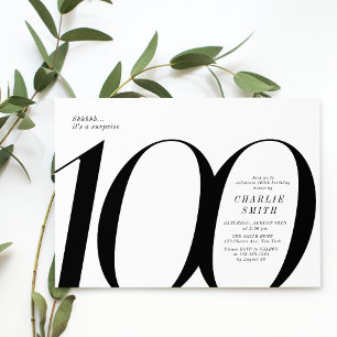 Modern minimalist black and white 100th birthday invitation