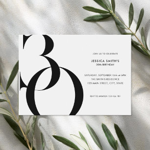Modern Minimalist Black and White 30th Birthday Invitation