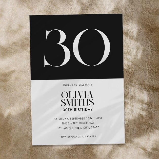 Modern Minimalist Black and White 30th Birthday Invitation (Creator Uploaded)