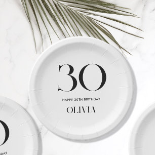 Modern Minimalist Black and White 30th Birthday Paper Plate