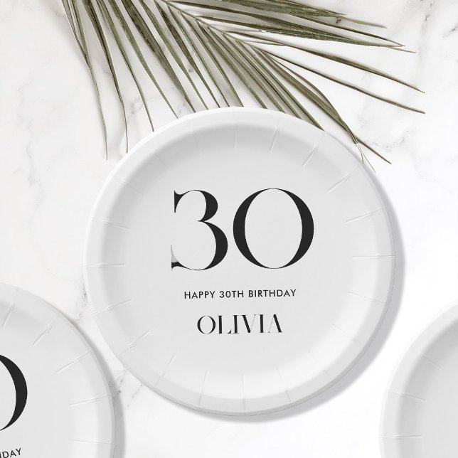 Modern Minimalist Black and White 30th Birthday Paper Plate (Creator Uploaded)
