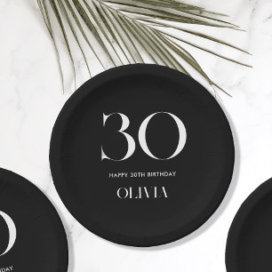 Modern Minimalist Black and White 30th Birthday Paper Plate