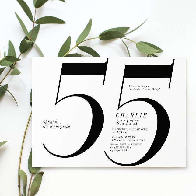 Modern minimalist black and white 55th birthday invitation (Modern minimalist black and white 55th birthday invitation)