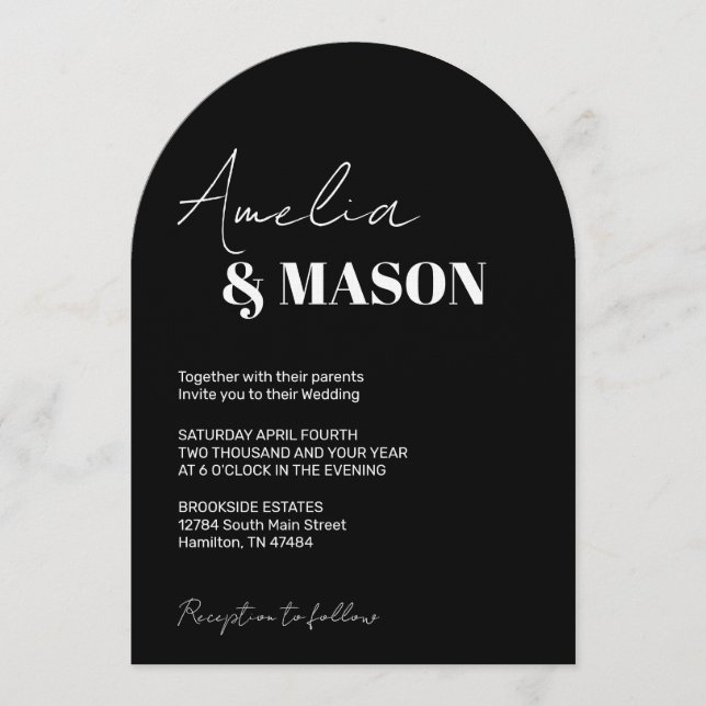 Modern Minimalist Black and White Arch Wedding Invitation (Front)