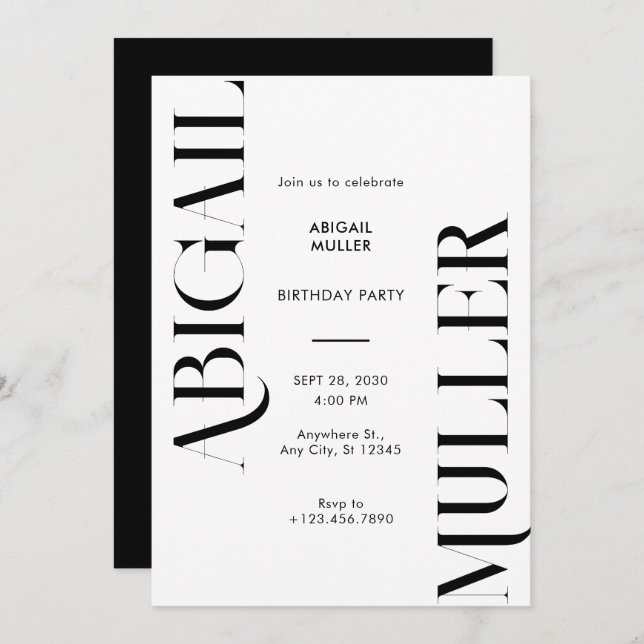 Modern Minimalist black and white Birthday Invitation (Front/Back)