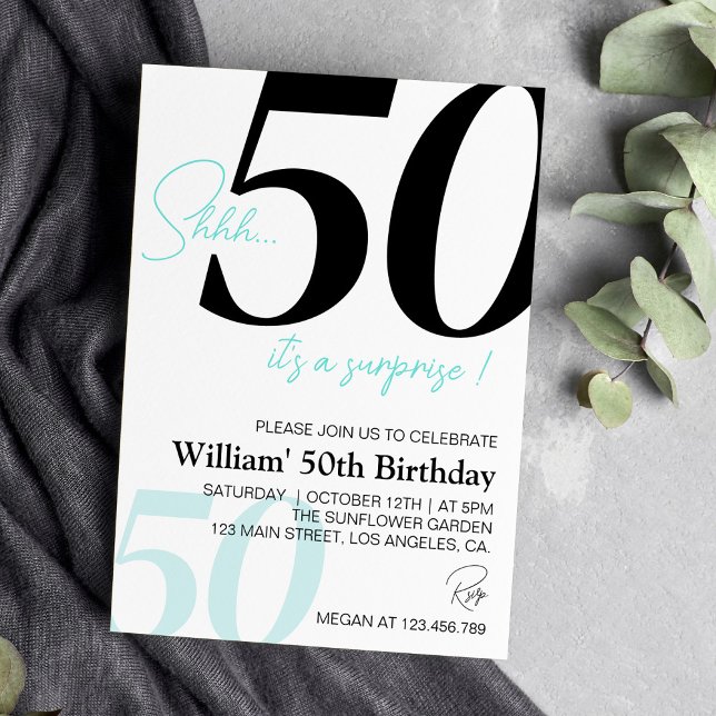 Modern Minimalist Black and White Blue Birthday Invitation (Creator Uploaded)