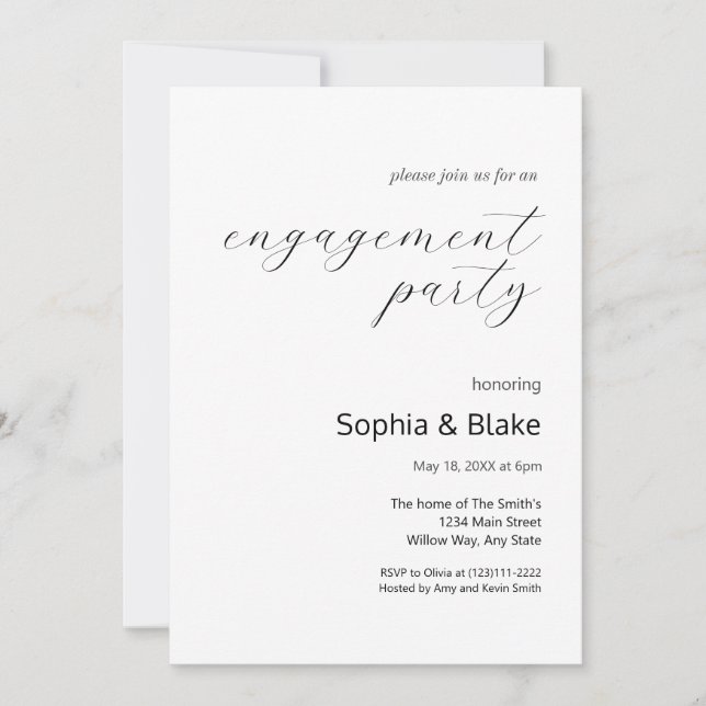Modern Minimalist Black and White Engagement Party Invitation (Front)