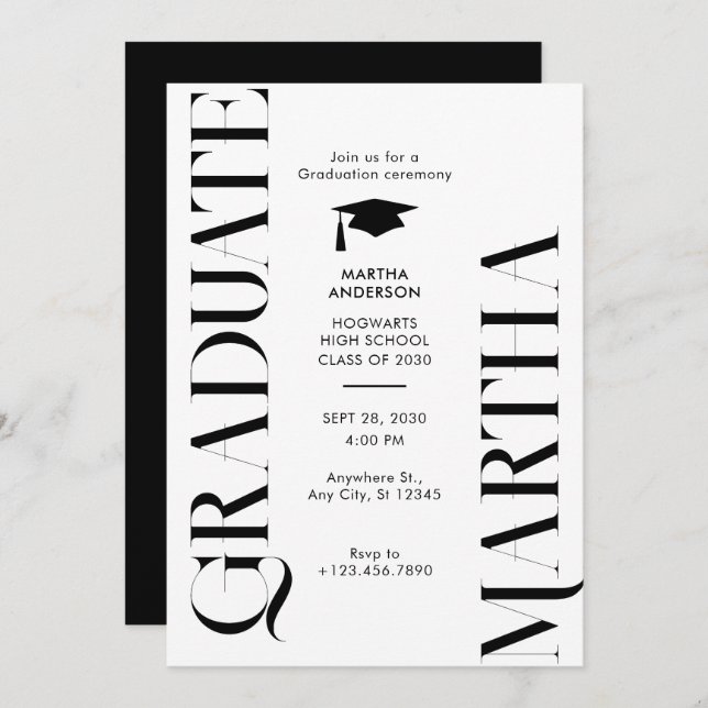 Modern Minimalist black and white Graduatioin Invitation (Front/Back)