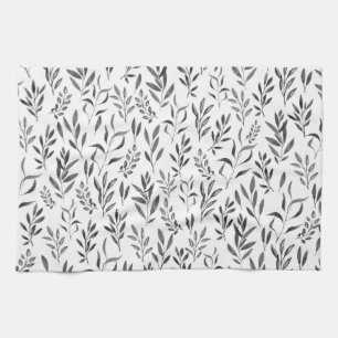 Modern Minimalist Black and White Leaves  Tea Towel