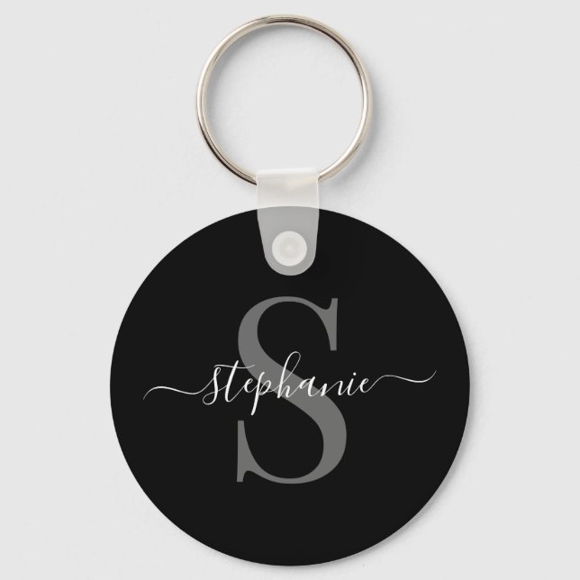 Modern Minimalist Black and White Monogram Initial Key Ring (Front)