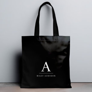 Modern Minimalist Black and White Monogram Tote Bag