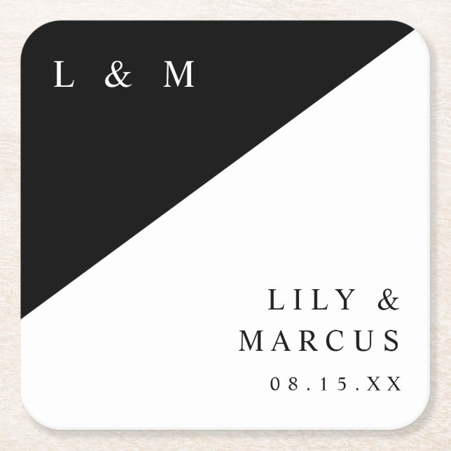 Modern Minimalist Black And White Monogram Wedding Square Paper Coaster (Front)