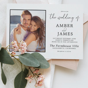 Modern Minimalist Black and White Photo Wedding Invitation