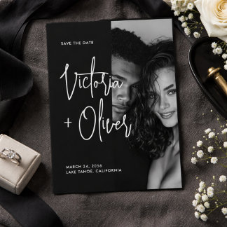 Modern Minimalist Black and White Script Photo Save The Date