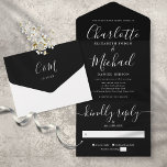 Modern Minimalist Black And White Script Wedding All In One Invitation<br><div class="desc">All in one wedding modern minimalist black and white invitation featuring elegant signature script name and monogram initials. The invitation includes a perforated RSVP card. Designed by Thisisnotme©</div>