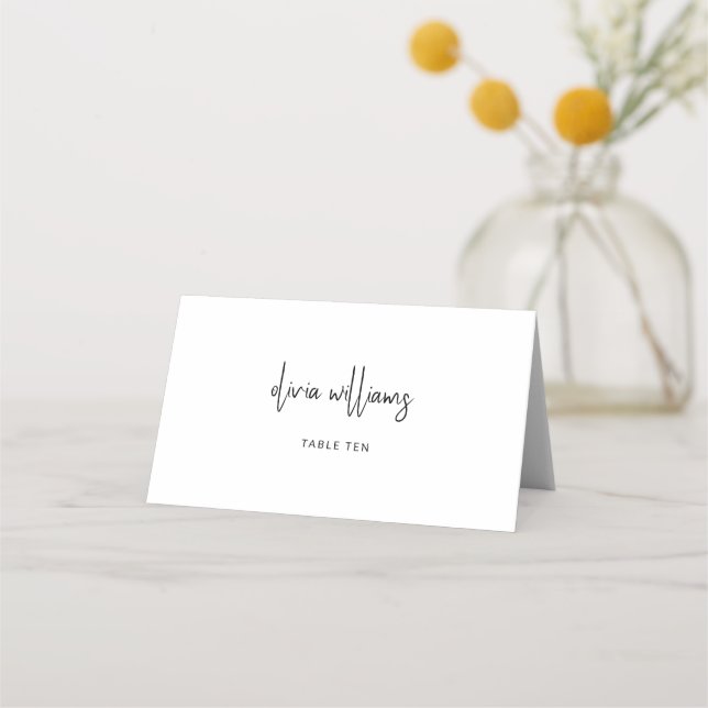 Modern Minimalist Black and White Script Wedding Place Card (Front)