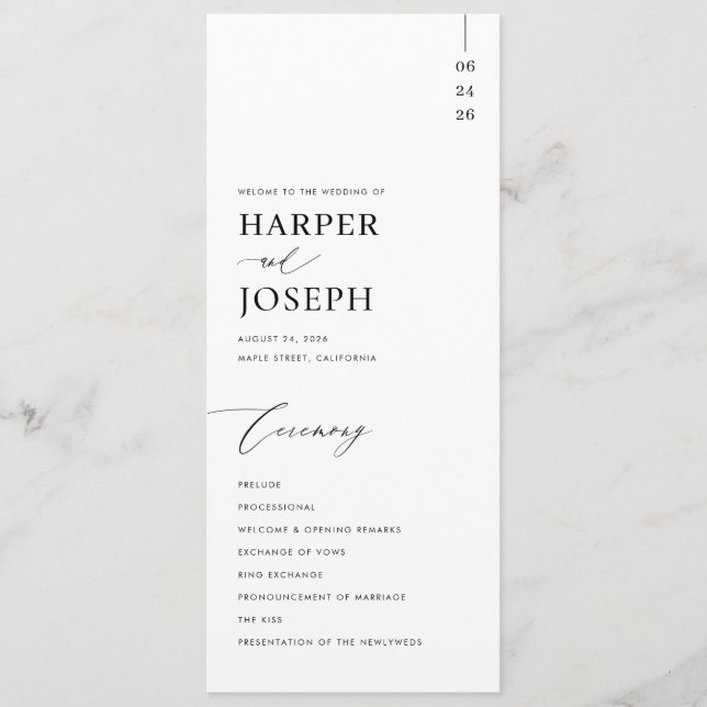 Modern Minimalist Black and White Unique Wedding Program (Front)