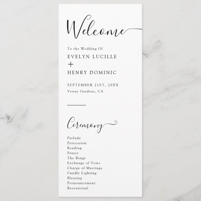 Modern Minimalist Black and White Wedding Ceremony Program (Front)