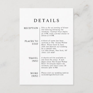 Modern Minimalist Black and White Wedding Details Enclosure Card