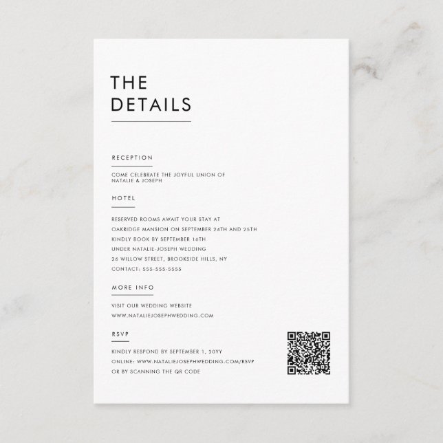 Modern Minimalist Black and White Wedding Details Enclosure Card (Front)