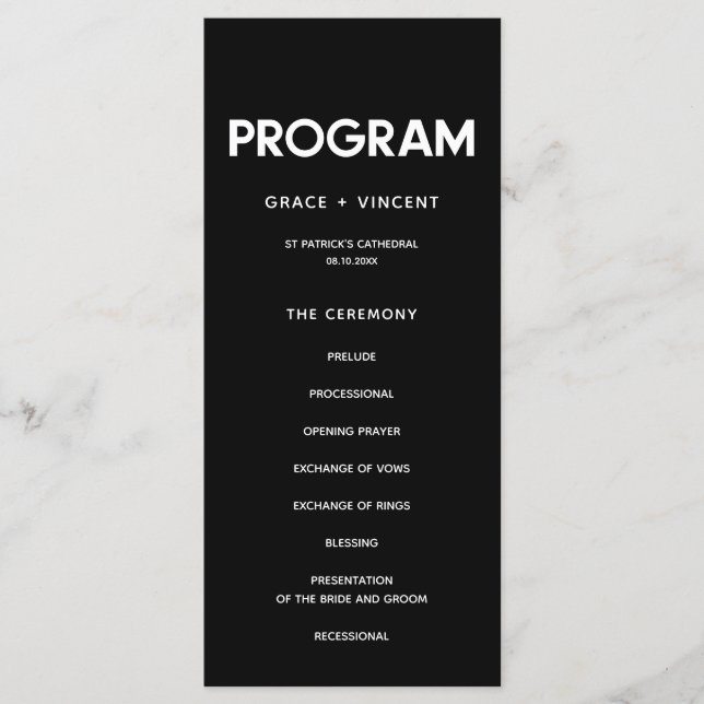 Modern minimalist Black and white wedding Program (Front)