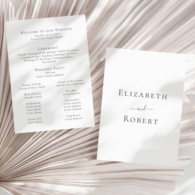 Modern Minimalist Black and White Wedding Program (Modern Minimalist Black and White Wedding Program on a sunny neutral dry palm leaf.)