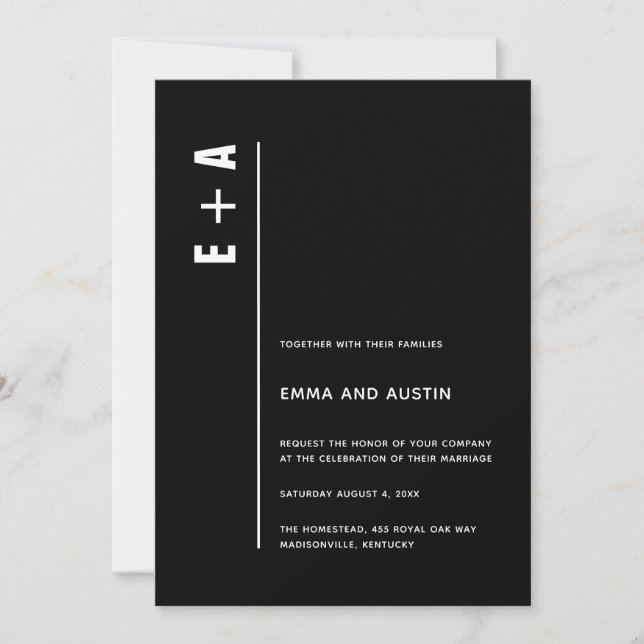 Modern Minimalist Black Bold Initials Wedding Invitation (Front)