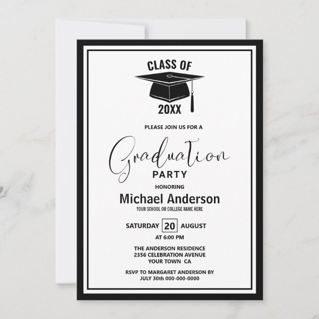 Modern Minimalist Black Border Graduation Party Invitation (Front)