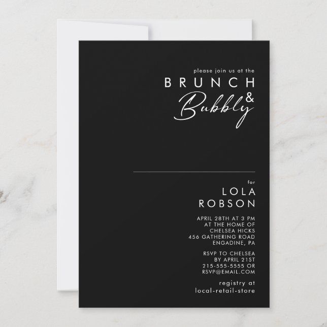 Modern Minimalist | Black Brunch and Bubbly Shower Invitation (Front)