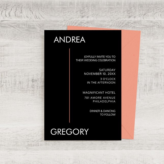 Modern Minimalist Black & Coral Stripe Wedding Invitation (Creator Uploaded)