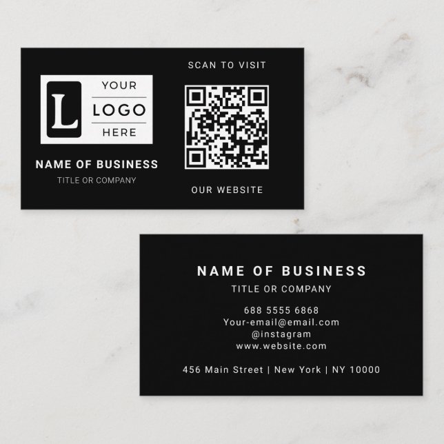 Modern Minimalist Black Custom Logo QR Code Business Card (Front/Back)