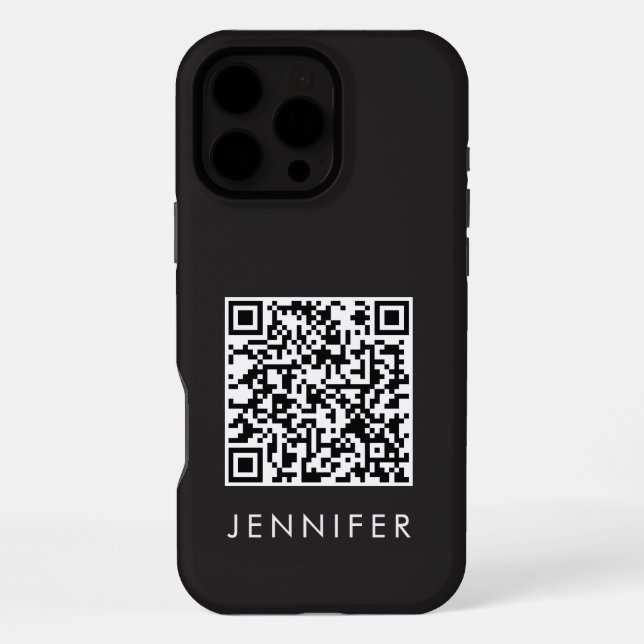 Modern Minimalist Black Executive QR Code Monogram iPhone Case (Back)