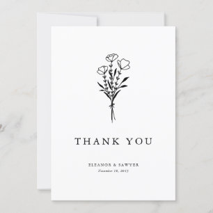 Modern Minimalist Black Floral Bouquet Wedding Thank You Card