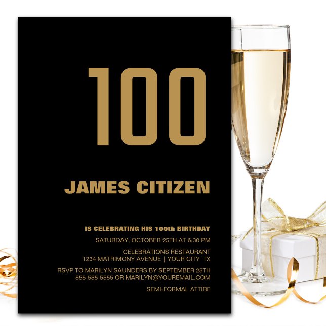 Modern Minimalist Black Gold 100th Birthday Party Invitation (Creator Uploaded)