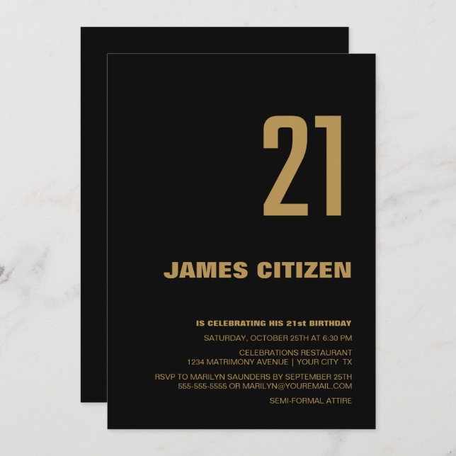 Modern Minimalist Black Gold 21st Birthday Party Invitation (Front/Back)