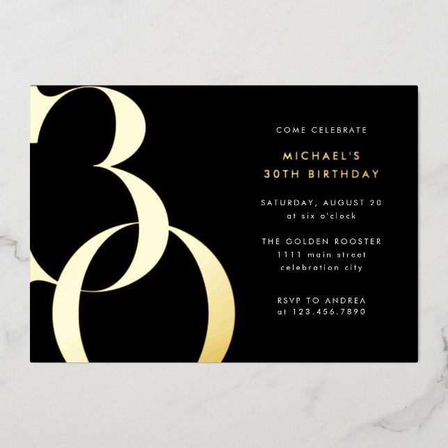 Modern Minimalist Black Gold 30th Birthday Party (Front)