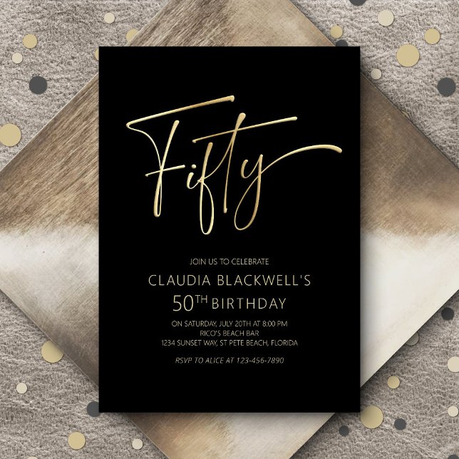 Modern Minimalist Black Gold 50th Birthday Invitation (Creator Uploaded)