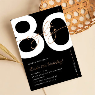 Modern Minimalist Black & Gold 80th Birthday Party Invitation
