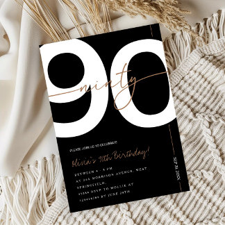 Modern Minimalist Black & Gold 90th Birthday Party Invitation