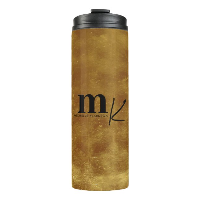 Modern Minimalist Black Gold Foil Monogram  Thermal Tumbler (Front)
