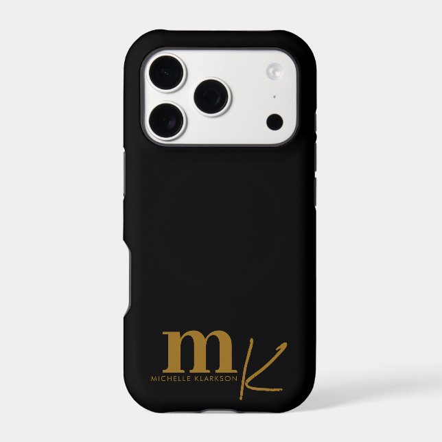 Modern Minimalist Black Gold Monogram  (Back)
