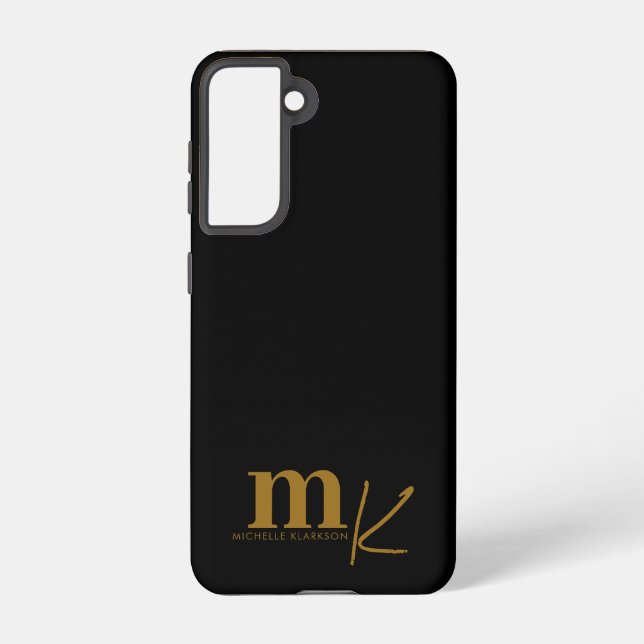 Modern Minimalist Black Gold Monogram  Samsung Galaxy S21 Case (Back)