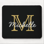 Modern Minimalist Black Gold Monogram Script Mouse Pad<br><div class="desc">Modern,  minimalist black and gold personalised name monogrammed mouse pad. It features a monogram initial in serif style font and pretty handwritten first name text template in gold,  white colour on black background. Great girly,  feminine personalised gift. If you need help or matching items,  please contact to me.</div>
