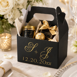 Modern Minimalist Black Gold Monogram Wedding Favour Box