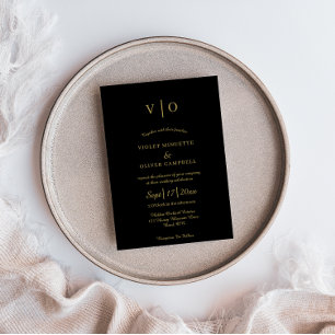 Modern Minimalist   Black Gold Monogram Wedding Invitation