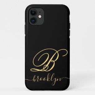 Modern Minimalist Black Gold Name Monogrammed iPhone 11 Case