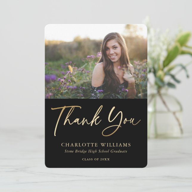 Modern Minimalist Black Gold Photo Graduation Thank You Card (Standing Front)
