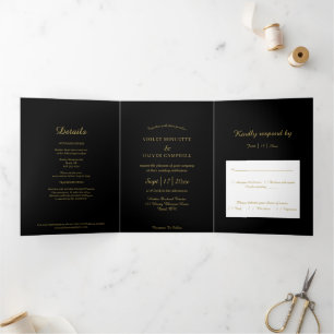 Modern Minimalist Black Gold Tri-Fold Invitation